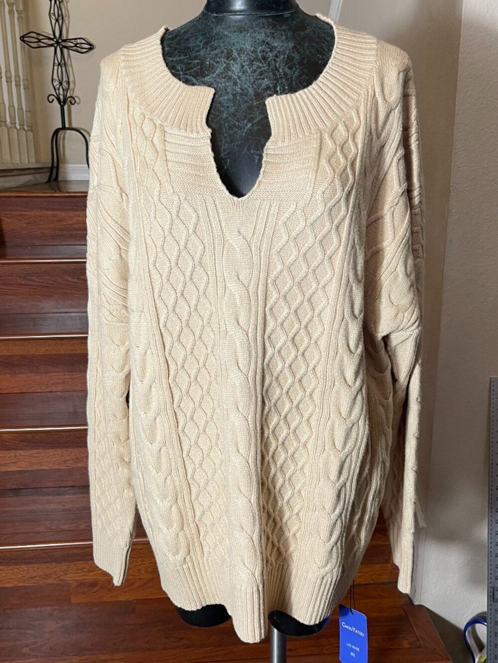 ChouYatou Women's XL Oversize Cable Knit V-neck Long Sleeve Cream Sweater NEW